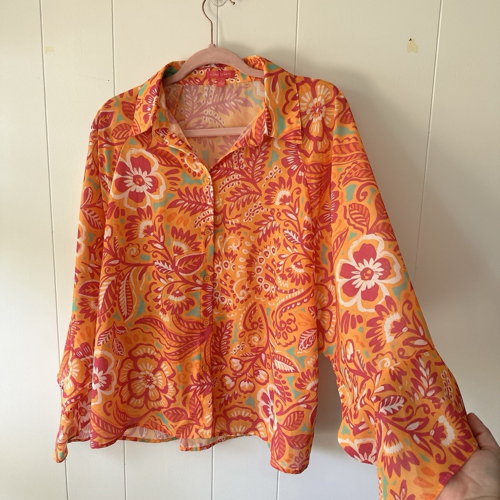 Flying Tomato I'll always Remember You Woven Oversized Top Pink/Orange Floral LG - Picture 12 of 12